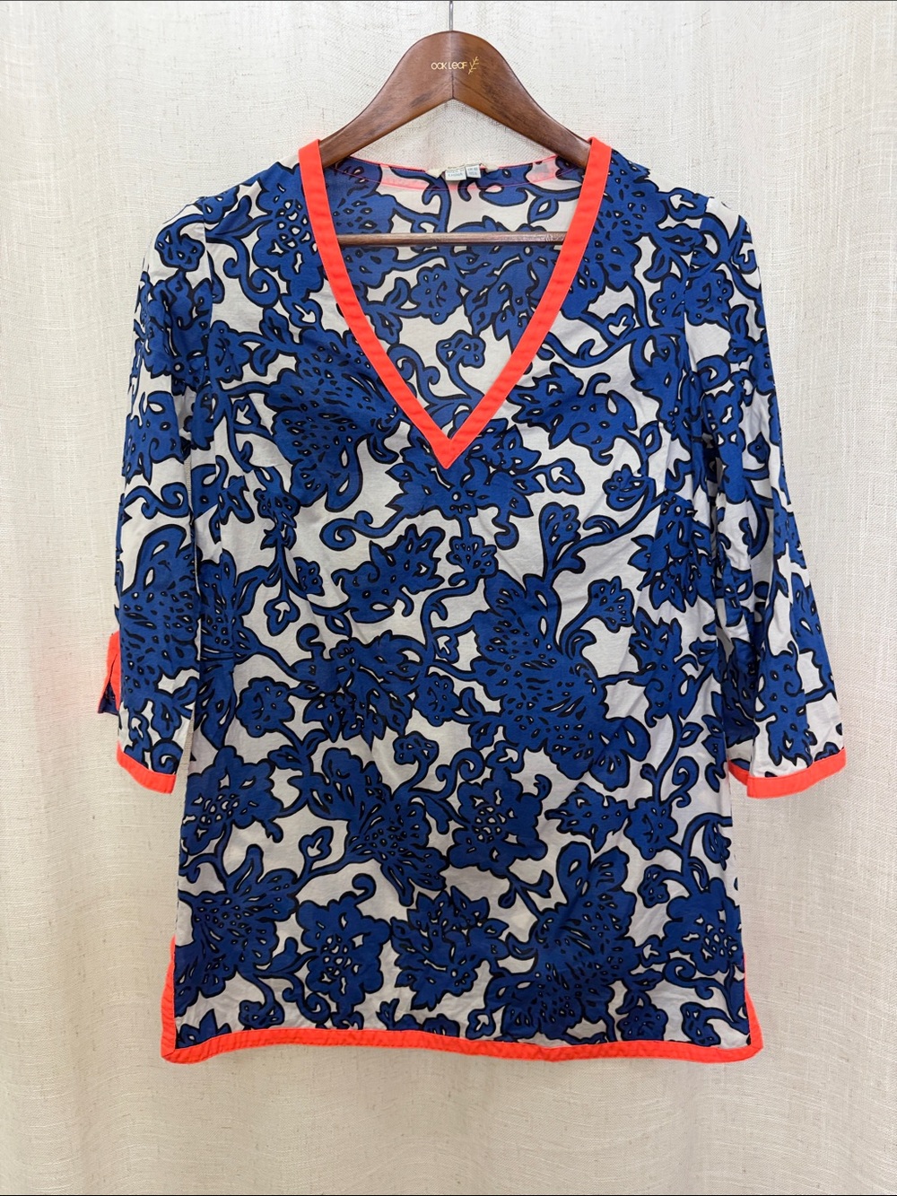 Boden V-Neck Floral Print W/Coral Trim Tunic Top size 6 Excellent